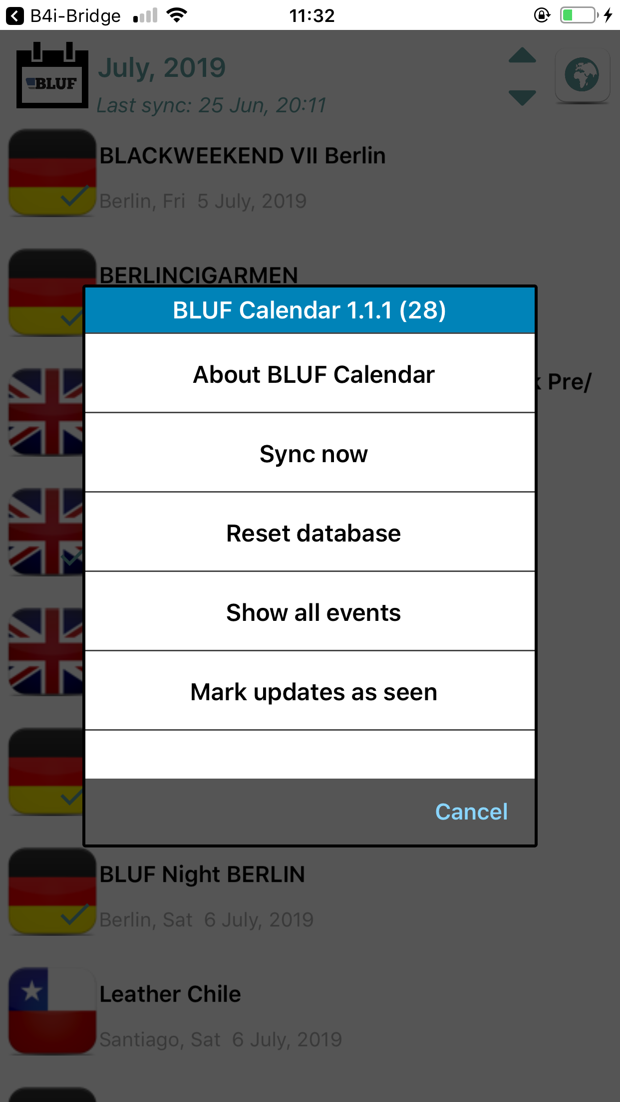 BLUF calendar app menu